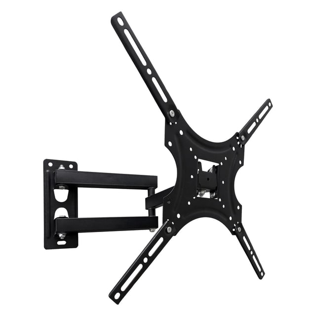 soporte de tv techmakro brazo articulado 32 - 55'' 22kg Soporte de pared negro para pantallas 32–55'' con brazo articulado doble, acero con recubrimiento en polvo, compatible VESA hasta 400x400mm, inclinación 15° y giro lateral, placa de montaje rectangular y orificios para orden de cables; a menudo se usa también para montar monitores grandes en estaciones de trabajo.