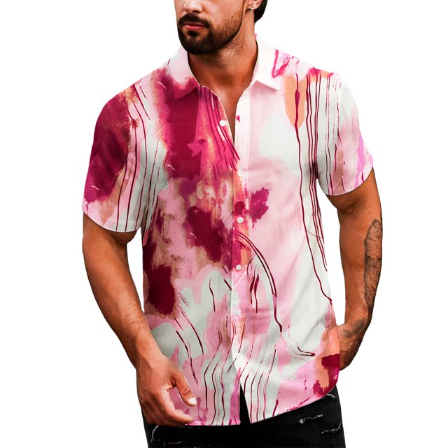 camisa casual para hombre shendy vendy strech de manga corta Rosa, vista frontal centrada con cuello de solapa y botones; estampado acuarelado en tonos rosa y fucsia con líneas verticales finas, tejido ligero visible, modelo con manos en bolsillos sobre fondo blanco, ideal para verano y combinar con jeans o shorts.