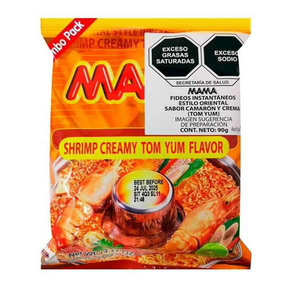 Fideos instantáneos Mama estilo oriental sabor camarón y crema tom yum 90 g