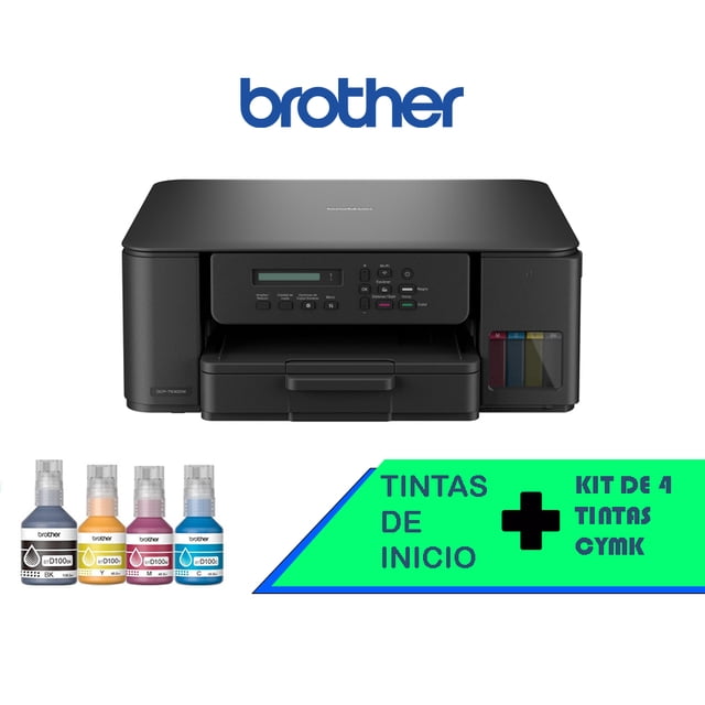 multifuncional dcp t530 brother inyeccion de tinta a color inkbenefit + kit de tintas cmyk Vista frontal centrada de la impresora multifuncional Brother en negro con panel LCD y botones frontales, bandeja de papel extendida y depósito de tintas visible en el lado derecho; en la parte inferior aparecen las cuatro botellas de tinta cian, magenta, amarilla y negra y un gráfico que anuncia el kit de tintas. Según especificaciones, cuenta con conectividad inalámbrica de doble banda y botellas de alto rendimiento; adecuada para uso en oficina en casa.