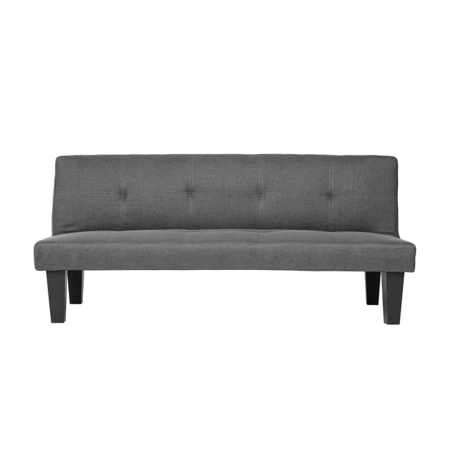 sofá cama lucía gris oscuro reclinable loomber sofá cama gris oscuro de 3 plazas con respaldo acolchado y botones, tapizado de tejido liso y patas rectas de madera oscura en vista frontal; diseño compacto y reclinable, ideal para departamentos pequeños y para convertir en cama para invitados.