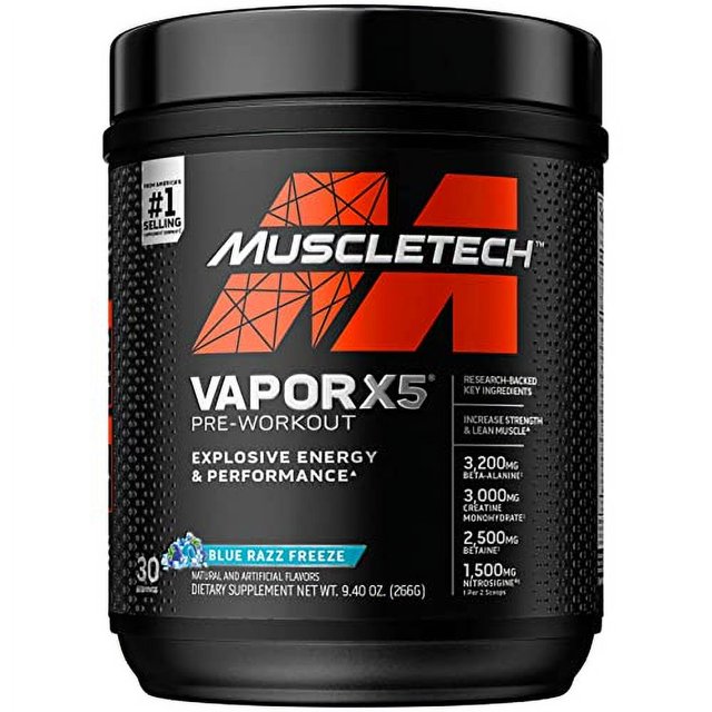 preentrenamiento muscletech vapor x5 30 porciones frasco frontal negro con logo MuscleTech rojo y blanco, texto VAPOR X5 PRE-WORKOUT y etiqueta de sabor blue razz freeze; tarro de 30 porciones que destaca energía, concentración y bombeo muscular, a menudo usado por deportistas para sesiones de entrenamiento intensas.