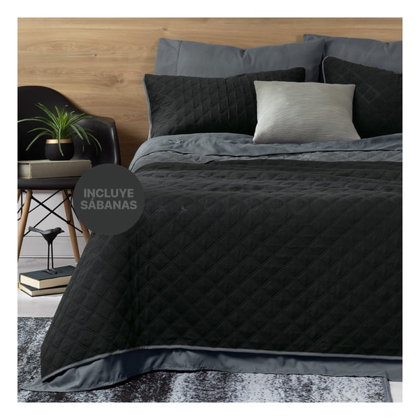 Set de Edredón Ligero Doble Vista con Sábanas y Fundas Real Textil (Negro/Gris, Individual)