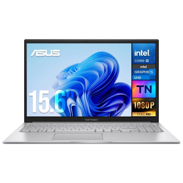 laptop asus vivobook intel core i3 1315u ram 16gb 512gb ssd 15.6' windows 11 home + mouse dxt teclado en español — Vista frontal centrada de laptop plateada Asus Vivobook con pantalla 15.6" FHD (1080p), marcos delgados, teclado chiclet en español con teclado numérico y touchpad, carcasa metálica plateada y logo ASUS en el marco inferior. Suele usarse también como equipo portátil para trabajo remoto o estudio.