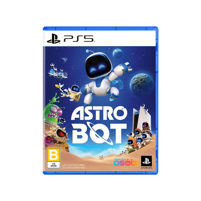 astro bot ps5 Videojuego físico en caja, portada frontal con el robot ASTRO flotando en primer plano sobre un fondo espacial azul con planetas, logotipo "ASTRO BOT" centrado, personajes y enemigos coloridos alrededor, sello de clasificación y logos de PlayStation y Sony; exclusiva para PS5.