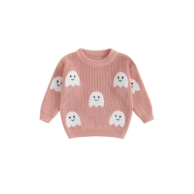 Suéter de punto de Halloween para niñas, manga larga, cuello redondo, bordado de fantasmas, jersey de punto