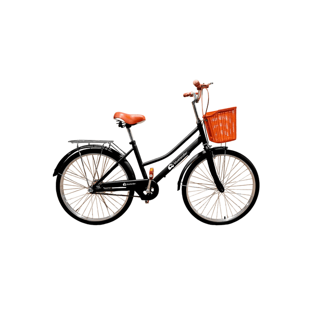 bicicleta urbana bluelander rodada 26 negro, vista lateral centrada de cuadro bajo; estructura de acero negra, rines de 26 pulgadas, canasta frontal naranja, asiento y puños marrón claro, amortiguadores frontales visibles, guardabarros trasero y portapaquetes; adecuada para recorridos urbanos y traslados cortos.