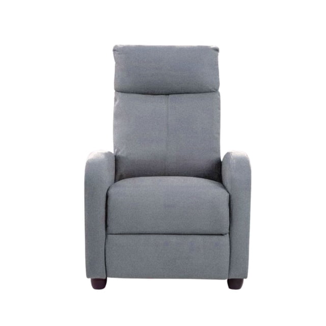 sillón reclinable niza Gris LOOMBER, vista frontal centrada de sillón reclinable tapizado en tela gris con respaldo alto ergonómico y cojín de cabeza, apoyo lumbar visible, apoyabrazos acolchados, asiento con acolchado de alta densidad y reposapiés integrado; patas cortas de madera sobre fondo blanco; ideal para sala o cuarto de TV y a menudo usado para lectura o descanso.