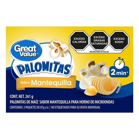 Palomitas de maíz Great Value sabor mantequilla para horno de microondas 261 g