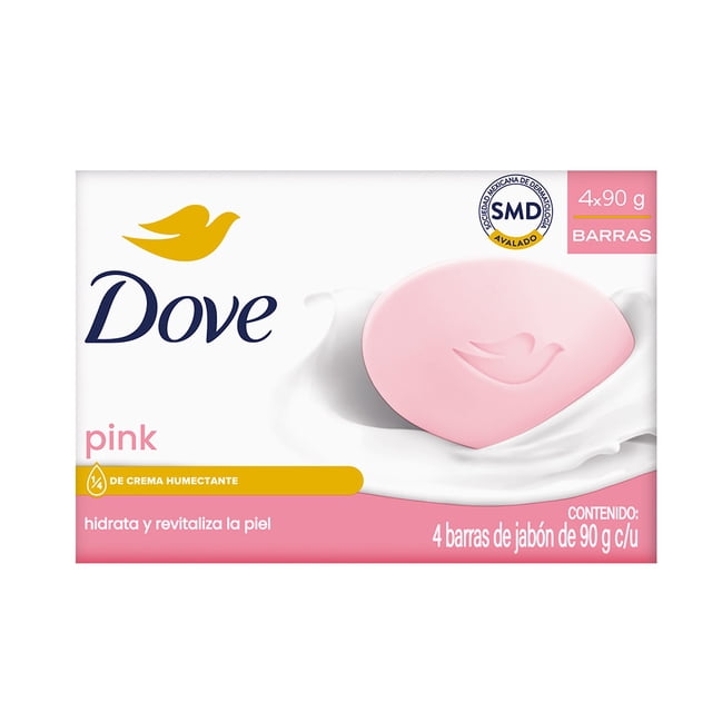 dove jabón en barra pink 4 pack 360g. Empaque frontal con logo Dove y barra rosa en primer plano con relieve de paloma; muestra leyendas 1/4 de crema humectante, pH neutro y contenido 4 barras de 90 g c/u; fondo blanco con salpicadura cremosa; apto para higiene corporal y todo tipo de piel.
