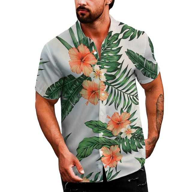 camisa casual para hombre shendy vendy strech de manga corta, camisa hawaiana color Flores con fondo blanco, estampado de grandes hojas verdes y hibiscos naranjas; vista frontal centrada, corte recto de manga corta y botones frontales visibles, tejido ligero y transpirable; modelo masculino, combinable con jeans o shorts, adecuada para días calurosos y soleados.