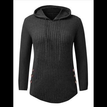 Sudadera con Capucha de Punto Acanalado Suave para Mujer, Suéter de Larga, Sudadera Ligera y Acogedora para Otoño. Negro M