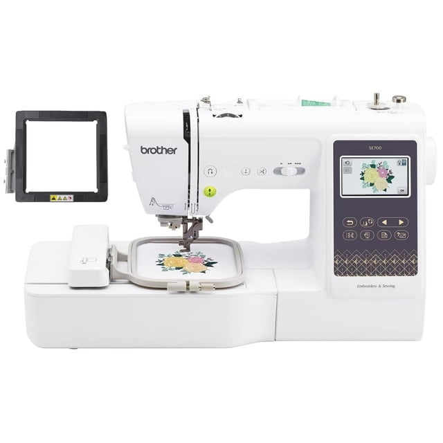 Máquina de Coser y Bordar Brother SE700 con LAN inalámbrica, pantalla táctil de 3.7" y bastidor magnético SAMFM100 de 4" x 4": vista frontal 3/4 con bastidor instalado mostrando diseño floral bordado; carcasa blanca, panel táctil a color y botones de control a la derecha, logo Brother en el costado y bastidor magnético adicional mostrado separado sobre fondo blanco. Su tamaño compacto la hace adecuada también para proyectos de bordado pequeños y viajes cortos.