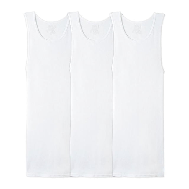 camiseta fruit of the loom para hombre camiseta interior algodón sustentable blanca 3 piezas talla g conjunto frontal de tres camisetas sin mangas blancas alineadas, tejido acanalado visible, escote redondo, largo generoso y etiqueta estampada; 100% algodón, ajuste fresco y cómodo apto como camiseta interior o para usar sola, a menudo usada como básica para capas o ropa casual.