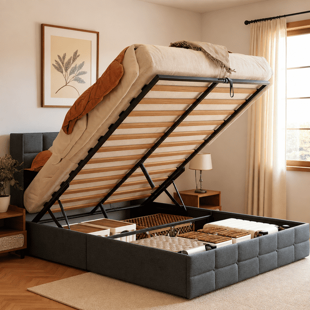 Zocalo Base de Cama Queen size, Cama con Respaldo y Almacenamiento Hidráulico-Gris