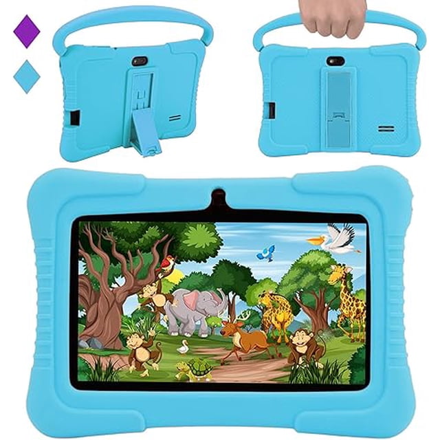 tableta para niños veidoo, 32gb de almacenamiento, wifi, tableta android de 7 pulgadas para niños pequeños(azul) vista frontal con funda de silicona azul y pantalla IPS de 7 pulgadas (1024x600) mostrando ilustración de animales; vista trasera con soporte plegable, asa integrada y cámaras frontal y trasera visibles; también suele usarse como dispositivo educativo portátil para actividades y lectura.
