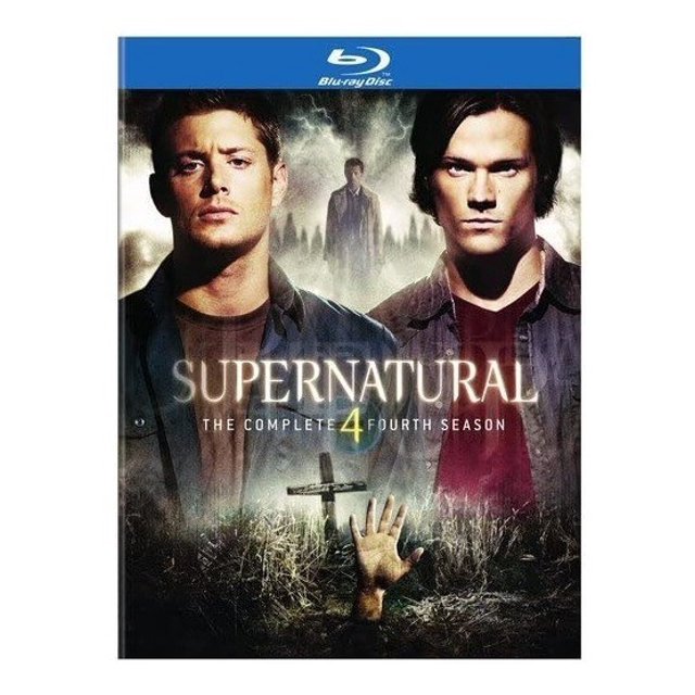 supernatural temporada 4 blu-ray warner bros 6 discos caja Blu-ray con portada que muestra el título Supernatural en grande, dos hermanos en primer plano y una figura angelical difusa en el fondo sobre niebla, cruz y mano saliendo del suelo; importado, 6 discos, audio y subtítulos en inglés.