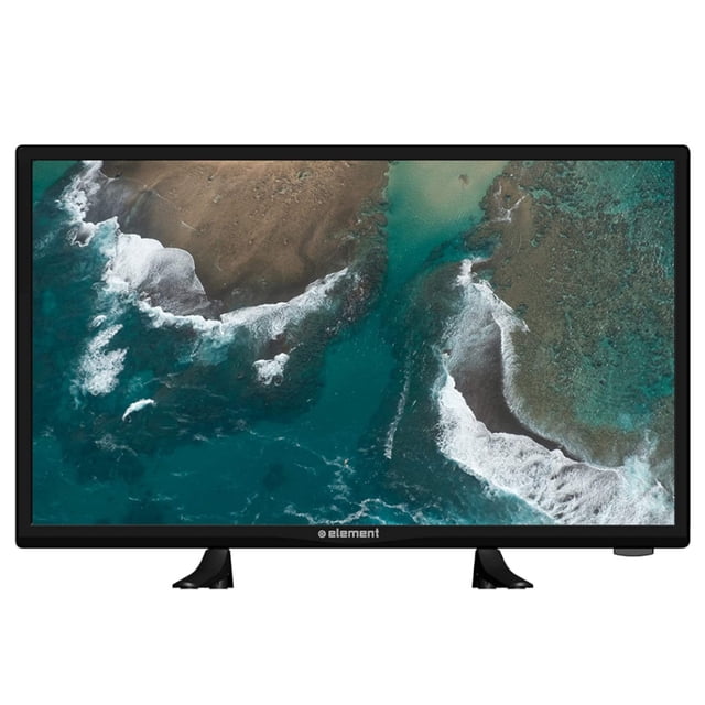 pantalla element 24 pulgadas led hd 720p eleft2416 televisor DLED de 24" (1366x768) en negro, vista frontal centrada con dos soportes, pantalla muestra imagen de océano; cuenta con Dolby Audio y múltiples entradas para barras de sonido, Blu‑Ray/DVD, PC y dispositivos de streaming; ideal para cocina, oficina, casa rodante o como pantalla secundaria para computadoras.