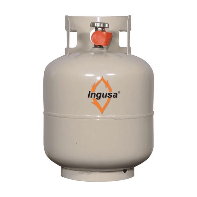 cilindro para gas lp 20lbs portatil válvula qcc americana gris INGUSA, vista frontal centrada de cilindro de acero con acabado en pintura electrostática gris, logo INGUSA en el cuerpo, base plana, soporte protector superior y válvula americana QCC con seguro naranja visible; suele usarse en asadores, carritos de comida y calefactores por su portabilidad.