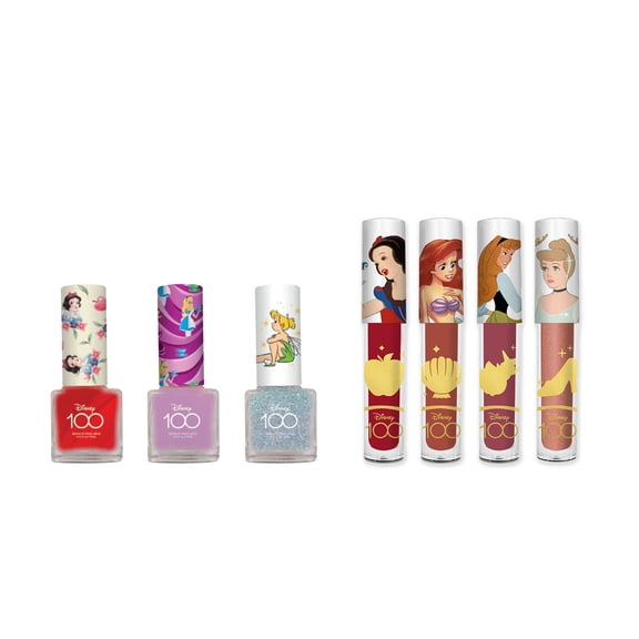 Disney - Set de 3 esmaltes Artistas Mix Disney 100 con set de 4 labiales Princesas Clásicas