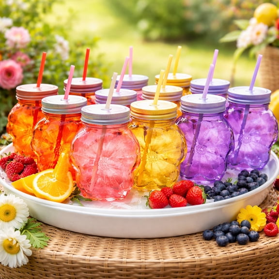 12 Vasos de Vidrio 3D con Tapa y Popote Diseño Flor 500 ml