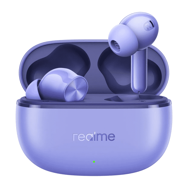 realme buds t200 lite earbuds bluetooth latencia 45ms dual dispositivos 48h batería ipx4 violeta — Auriculares inalámbricos violeta en estuche abierto, vista frontal; diseño in-ear con tallos cortos y puntas de silicón, botones externos con acabado ligeramente brillante, logo realme y LED frontal visibles; adecuados para uso diario y ejercicio, compatibles con conexión dual y modo gaming de 45 ms.