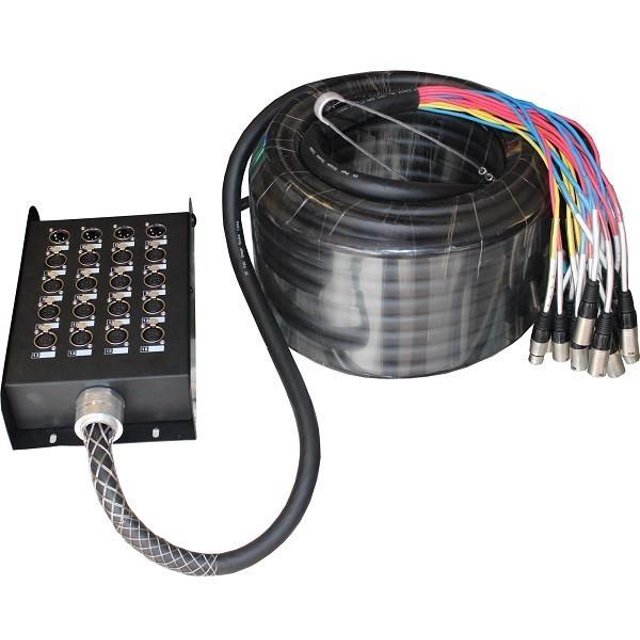 extension medusa snake 23 metros 16 canales 4 regresos cable negro con caja de conexiones XLR, vista 3/4 frontal mostrando rollo de 23 m y 16 conductores con extremos XLR de colores; suele usarse para consolidar entradas de audio en escenarios y estudios.