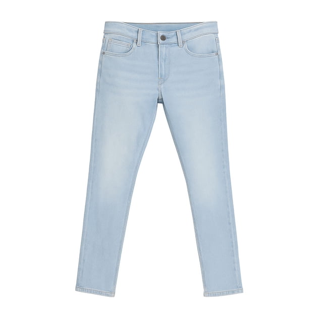 jeans quarry para hombre denim slim azul talla 34 plano frontal centrado; slim fit color bleach con acabado deslavado, tiro medio, cinco bolsillos, cierre de botón y pretina con trabillas; mezcla 65% algodón/34% poliéster/1% elastano, ajuste ceñido y flexible para uso diario; opción básica para looks urbanos casuales.