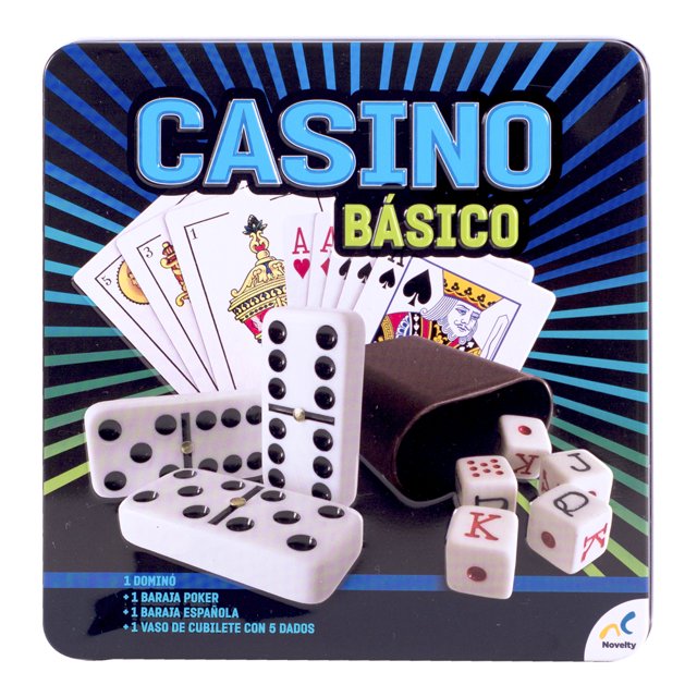 juego de mesa casino básico, todo en uno novelty: caja metálica frontal multicolor con el título 'CASINO BÁSICO', muestra baraja de póker desplegada, baraja española, cubilete negro volcado con 5 dados, y dominó blanco con puntos negros; ideal para juegos de mesa y reuniones.