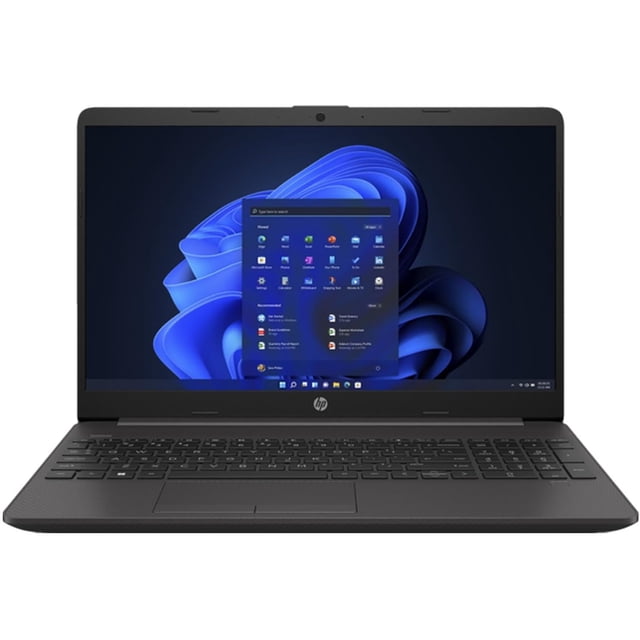 hp laptop 255 g9, amd ryzen 5 5625u, 16gb ram, 512gb ssd pcie nvme. m.2, pantalla de 15.6, windows 11 home, teclado en español — Vista frontal centrada de la portátil negra abierta con pantalla de 15.6" mostrando Windows 11, teclado en español de tamaño completo con teclado numérico, biseles delgados y logo HP en la base; se aprecian puerto USB-C, puertos USB-A y HDMI en el lateral. También es adecuada para la productividad móvil.