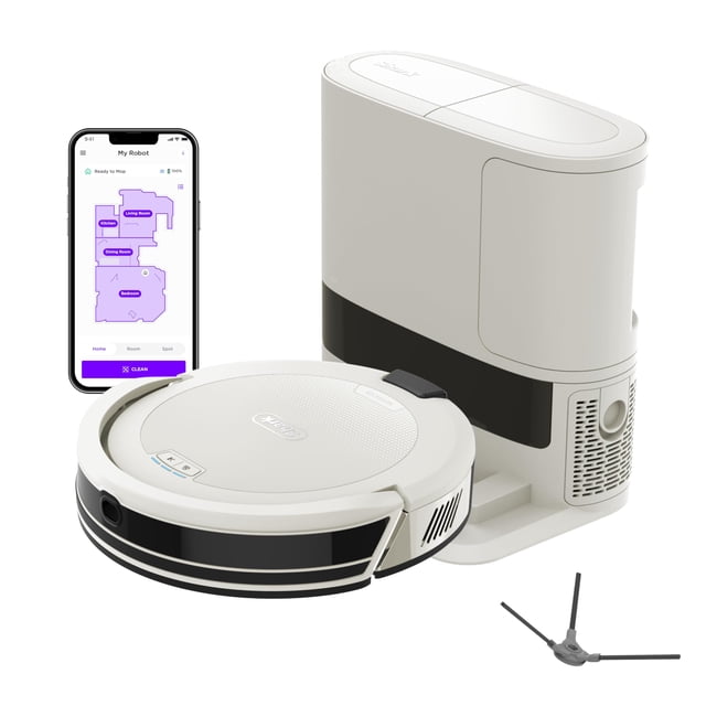 robot aspirador shark navigator av2110s sin bolsa con capacidad para 30 días, vista 3/4 del robot redondo blanco con franja negra y base autovaciante blanca detrás; se aprecia el compartimento sin bolsa de 30 días, cepillo lateral separado y pantalla de app mostrando mapa LiDAR y ruta SmartPath, diseñado para alfombras y suelos duros y adecuado para limpieza programada en hogares con mascotas.