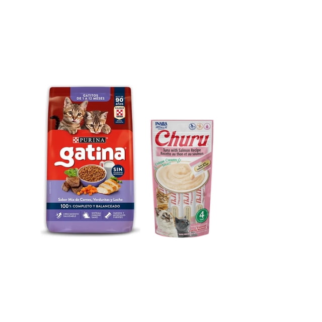 Gatina Gatitos 7.5 Kg + Churu Snack Salmon y Atun 14 g (4 Pzas.)