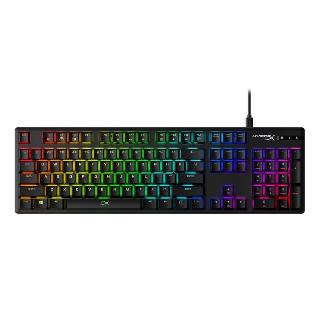 teclado mecánico para juegos HyperX Alloy Origins Aqua Switch negro, formato compacto con cable USB-C conectado y carcasa de aluminio, vista frontal centrada que muestra teclas con retroiluminación LED RGB y LED expuestos, interruptores táctiles HyperX Aqua visibles y logo HyperX en la esquina superior derecha; ideal para gaming, personalización de macros con software y uso portátil.