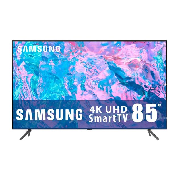 tv samsung 85 pulgadas 4k ultra hd smart tv led un85cu7000fxzx televisor 85" frontal con marco delgado y patas en V, pantalla LED UHD 4K con colores vivos, compatible con HDR y SmartTV; marca Samsung visible; ideal para cine en casa o como pantalla principal en sala.