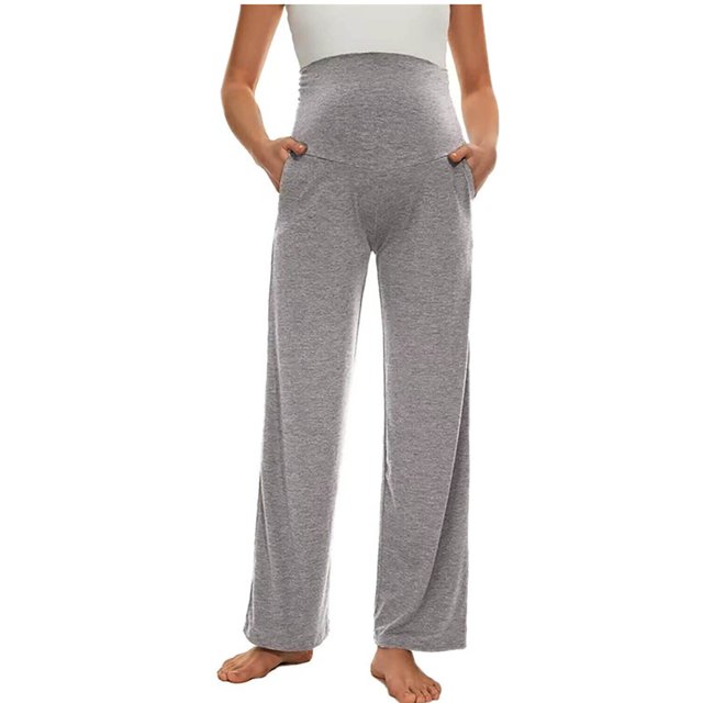 shomport women's maternity pants solid color high waist straight leg maternity sweatpants fall maternity lounge pants Gris pantalón de maternidad de tiro alto y pierna recta con panel elástico completo sobre la barriga, tejido gris jaspeado suave y elástico, bolsillos laterales y corte relajado de largo completo en fondo blanco; apropiado para descanso y yoga prenatal.