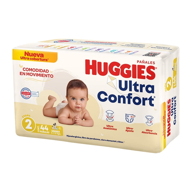 pañales huggies ultraconfort etapa 2 unisex 44 piezas paquete frontal con bebé recostado, marca Huggies en rojo y texto Ultra Confort en azul sobre fondo blanco y beige; se aprecian iconos de ultra anatómico, ultra ajuste y ultra absorbencia y el indicador de etapa 2 en el costado.