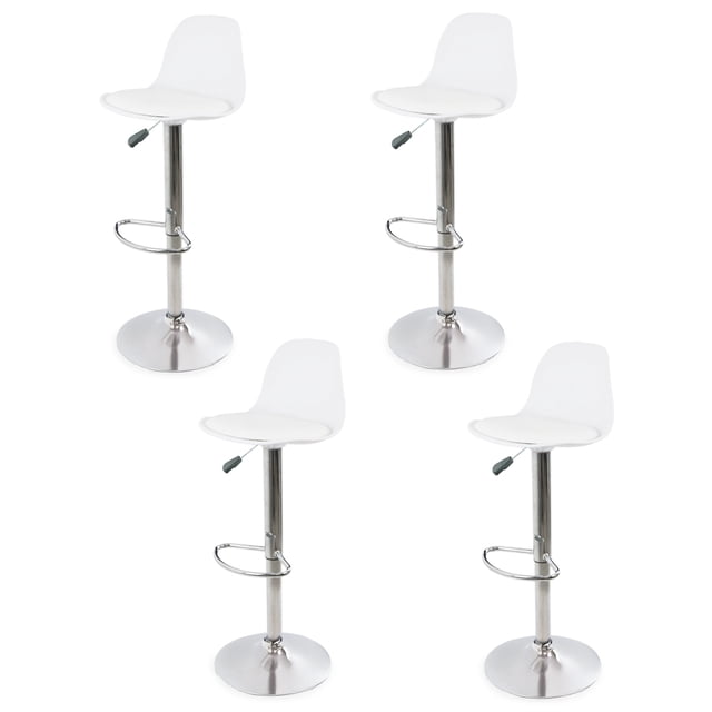 sillas para bar y barra de cocina con respaldo y reposapies de altura ajustable banco taburete giratorio con asiento acolchado de diseño moderno set 4 piezas blanco. Set de cuatro taburetes blancos con respaldo curvo y asiento acolchado; columna y base de metal cromado con elevador hidráulico y palanca lateral, giro 360° y reposapiés integrado; asiento 38.5 cm de ancho, altura ajustable 81–102 cm, capacidad 100 kg. Disposición en dos filas sobre fondo blanco que muestra el perfil, la palanca y el acabado cromado.