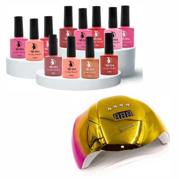 LÁMPARA UÑAS 54W TORNASOL + KIT 12 ESMALTES GEL FEMME GLITTER 10ML