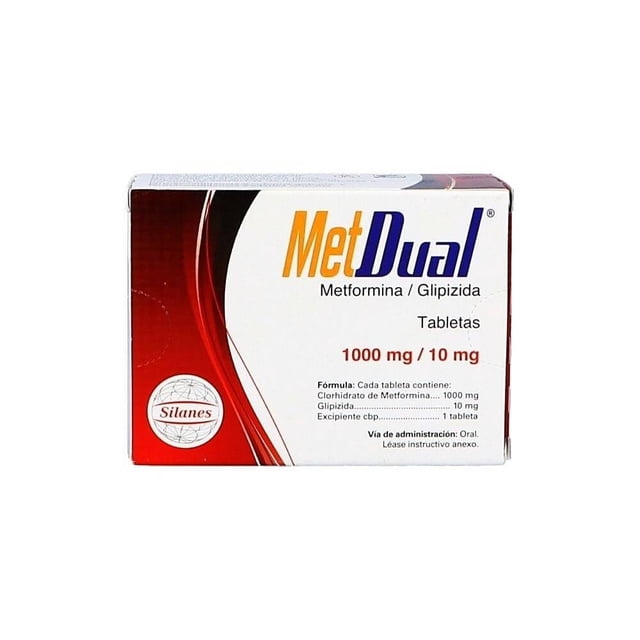 metdual metformina 1000 mg glipizida 10 mg 30 tabletas caja frontal blanca con detalles rojos y logo MetDual, texto legible que indica Metformina/Glipizida, dosis 1000 mg/10 mg, 30 tabletas y logo Silanes, vista frontal centrada sobre fondo blanco. También suele usarse para organizar medicamentos de viaje por su tamaño compacto.