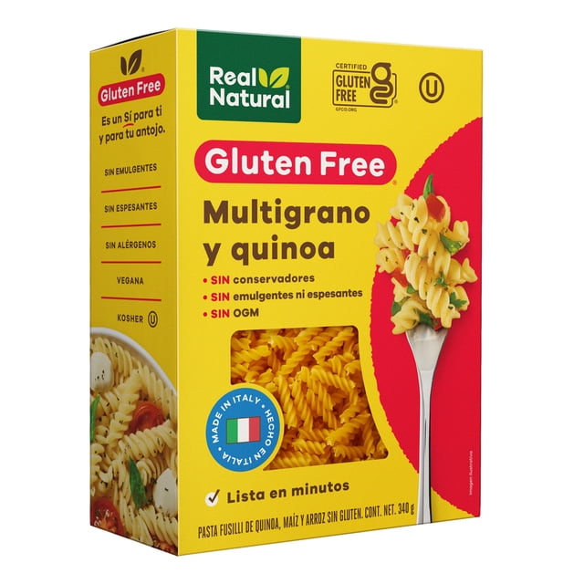 pasta real natural fusilli sin gluten 340g Caja frontal amarilla y roja con ventana que muestra fusilli multigrano y quinoa; marca Real Natural, sello Gluten Free y leyendas "Sin conservadores" y "Sin emulgentes ni espesantes", cuchara con porción de pasta a la derecha; adecuada para base de platos italianos o para agregar a ensaladas.