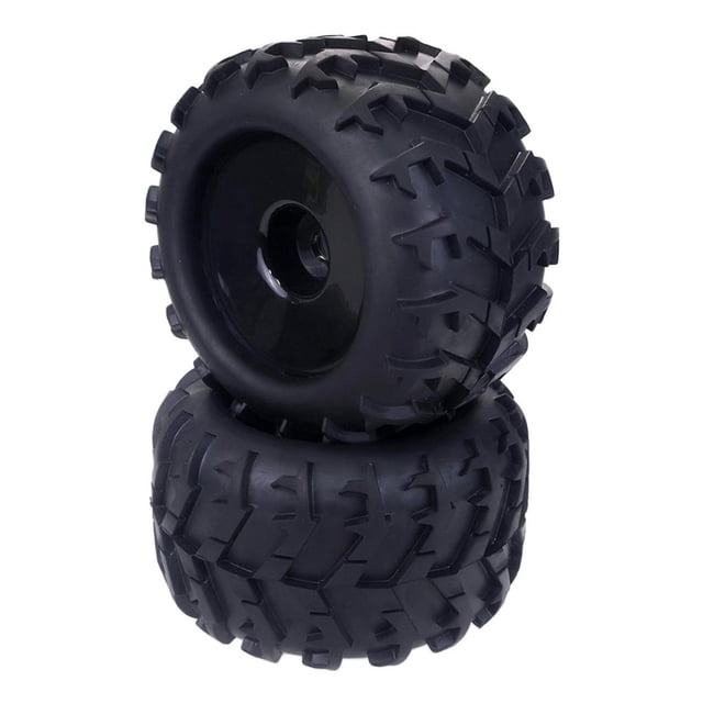 paquete de ruedas y neumáticos de goma hugo neumático de llanta de goma 17 mm para coche de camión — par de neumáticos de caucho negros para RC 1/8; diámetro 150 mm, ancho 85 mm y cubo hexagonal 17 mm. Dibujo de banda de rodamiento agresivo y llanta negra integrada visibles en imagen apilada sobre fondo blanco. Adecuados para HSP, DHK y HPI como repuesto o pieza de actualización; también se usan a menudo para transporte de modelos por su tamaño compacto.