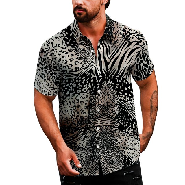 camisa casual para hombre shendy vendy strech de manga corta camisa hawaiana negra con patrón animal mix visible (líneas tipo cebra y manchas tipo leopardo), vista frontal centrada del torso masculino con cuello abierto y botones, manga corta y tejido ligero y transpirable según especificaciones; ideal para verano y combinable con jeans o shorts, suele usarse también en viajes informales.