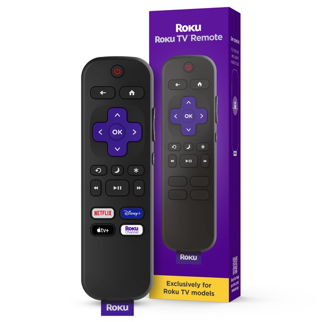 control remoto roku (producto oficial del fabricante) control remoto de tv con controles de tv, configuración simple y accesos directos a aplicaciones preestablecidas. Vista frontal del control remoto negro con pad direccional morado, botones de encendido, volumen, silencio y reproducción y cuatro botones de acceso rápido a apps; caja morada del producto junto al control remoto sobre fondo blanco.