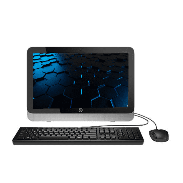 all in one hp 205 g2 reacondicionado, AMD-E1, 4 GB de RAM, 256 GB SSD, pantalla de 21.5" negra; vista frontal centrada con teclado y mouse incluidos, marco con cámara integrada en la parte superior y base texturizada; suele usarse para tareas de oficina y navegación básica.