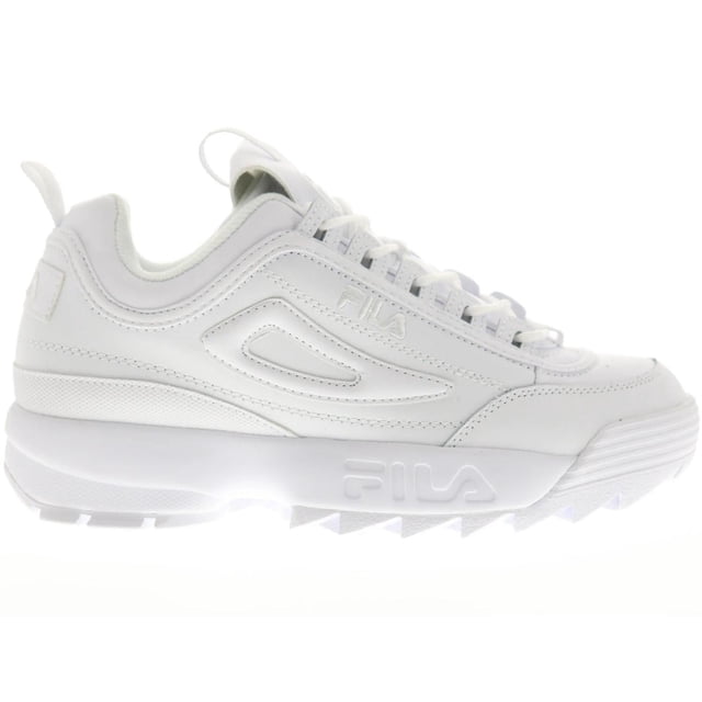 tenis fila disruptor ii premium para hombre 1fm00139-100 blanco 27.5 zapatilla blanca estilo chunky de los 90, vista lateral derecha con suela gruesa dentada y entresuela con logo FILA; empeine con costuras visibles, cordones blancos y presilla trasera. Suele usarse para look urbano y streetwear y es adecuada para uso diario.