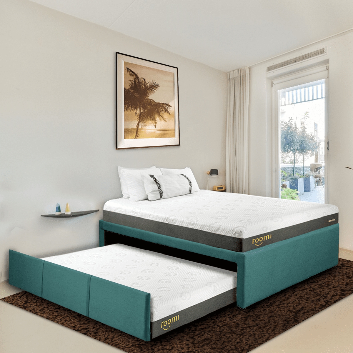 Cama doble Matrimonial Roomi Azul+ 2 Colchones Smile