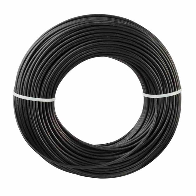 cable thhw-ls rohs iusa calibre 12 awg negro 50 m, rollo frontal de 50 m de cable negro con aislamiento PVC‑LS y construcción flexible calibre 12 AWG, enrollado y asegurado con bridas blancas; indicado para alambrado y tableros de distribución, también usado en reparación de equipos electrónicos.
