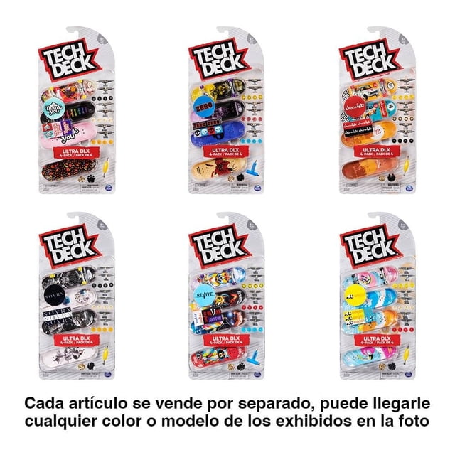 patinetas spin master tech deck varios modelos 1 paquete Paquete blister frontal con mini patineta Tech Deck azul de 96 mm visible entre ruedas y accesorios en empaque; cartela con logo Tech Deck y gráficos de empresa de skate, vista centrada; a menudo usado para fingerboarding y coleccionar modelos.