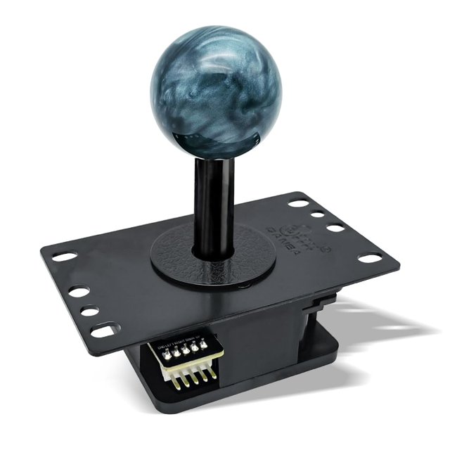 palanca silenciosa con ejes mecánicos de gravedad arcade joystick Qanba, vista frontal centrada de joystick arcade negro con bola marmoleada gris azul, placa de montaje compatible con JLF con orificios, eje cilíndrico negro y caja inferior con conector de pines visible. Fácil instalación y ejes mecánicos grises personalizados; a menudo usada en consolas retro y gabinetes arcade.