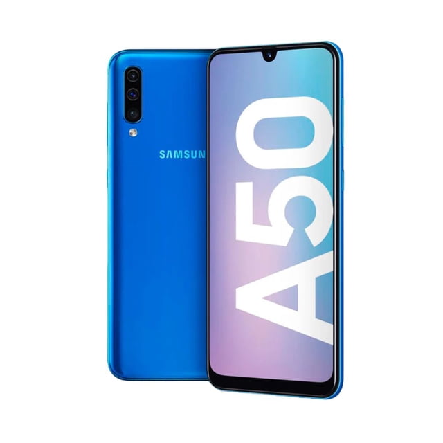 celular samsung galaxy a50 64gb reacondicionado Azul, vista 3/4 frontal y trasera; pantalla encendida con texto grande "A50" y notch tipo gota, trasera con triple cámara vertical y logo Samsung en acabado brillante.